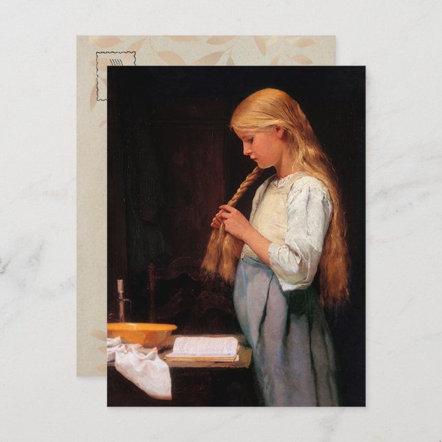 Girl Braiding ihre Haare und Lektüre eines Buches Postkarte (Vorne/Hinten)