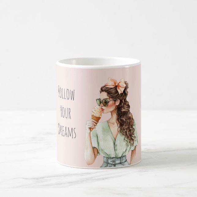 Girl Brown Hair Peach Bow Ice Cream Cone Kaffeetasse (Mittel)