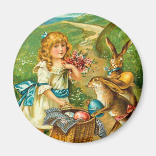 Girl & Bunnies Vintage Osterlandschaft Magnet