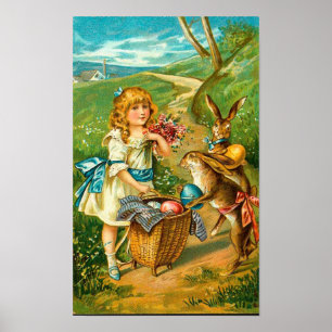 Girl & Bunnies Vintage Osterlandschaft Poster