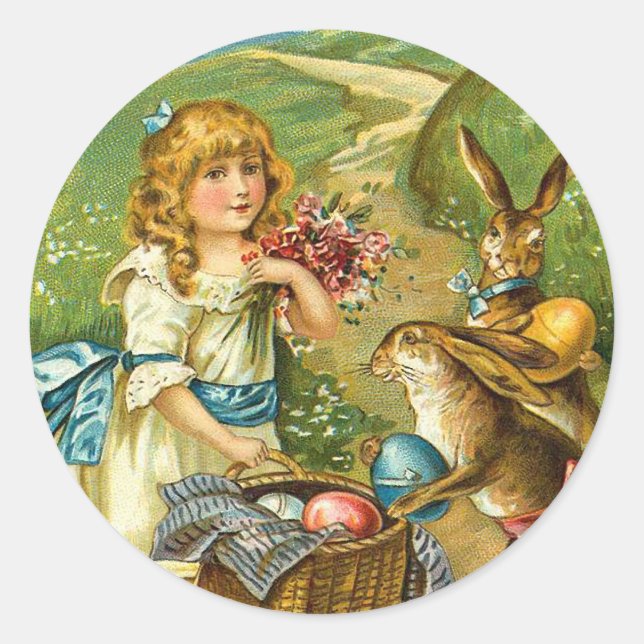 Girl & Bunnies Vintage Osterlandschaft Runder Aufkleber (Vorderseite)