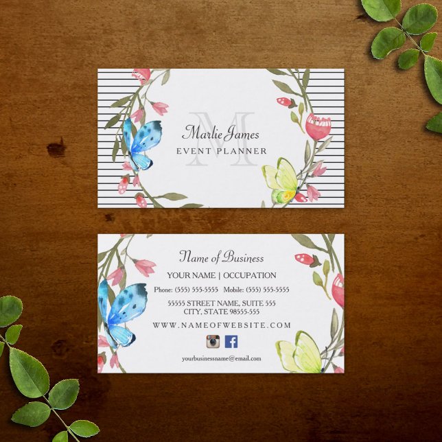 Girl Butterfly Floral and Stripes Eventplaner Visitenkarte (Girly Butterfly Floral and Stripes Event Planner Business Cards)