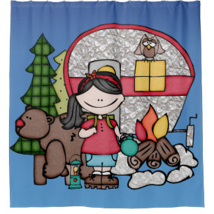 Girl-Camping im Waldbärenfeuer Duschvorhang