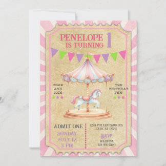 Girl carnival merry go round birthday invite. einladung