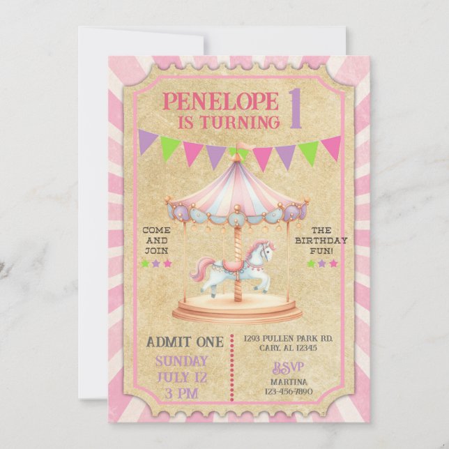 Girl carnival merry go round birthday invite. einladung (Vorderseite)