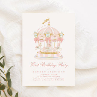 Girl Carousel Fairytale Bows Pink Geburtstagsparty Einladung