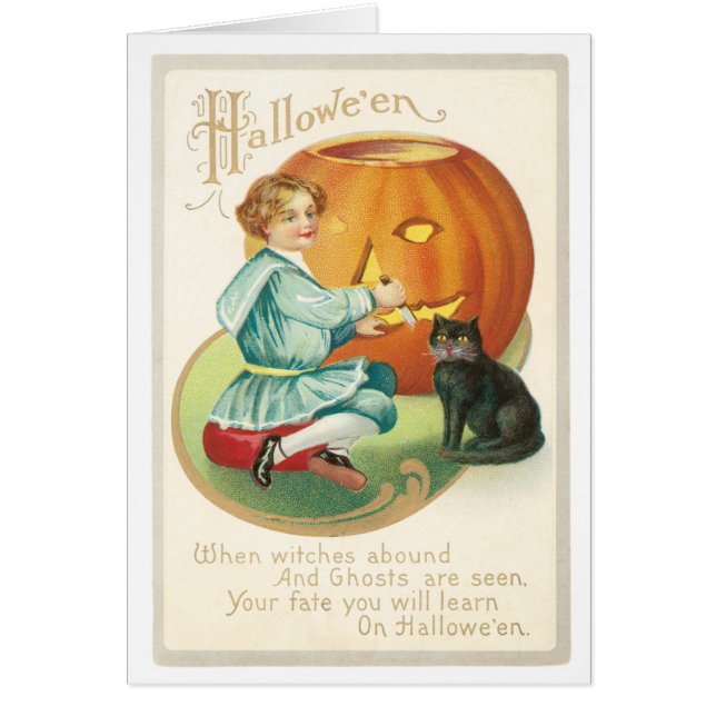 Girl Carving A Pumpkin Vintag Card (Vorne)