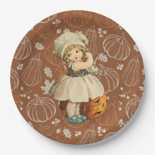 Girl Carving Apple Halloween Pappteller