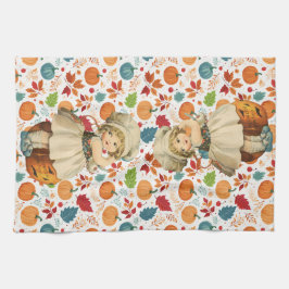 Girl Carving Apple und farbenfrohe Pumpkins Hallow Geschirrtuch