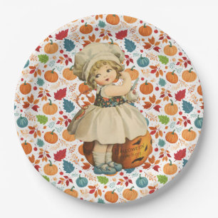 Girl Carving Apple und farbenfrohe Pumpkins Hallow Pappteller