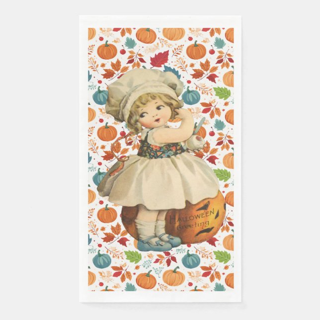 Girl Carving Apple und farbenfrohe Pumpkins Hallow Serviette (Vorderseite)