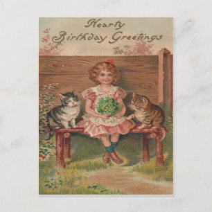 Girl Cat Kitten Blume Geburtstag Postkarte