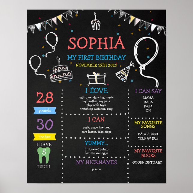 Girl Chalkboard First Birthday Milestone Poster (Vorne)