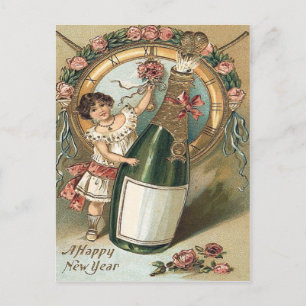 Girl Champagne Flasche Rose Uhr Postkarte