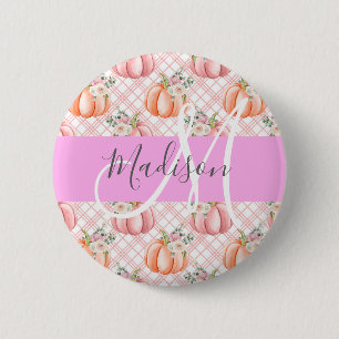 Girl Chic Floral Pink Peach Pumpkin Monogramm Name Button