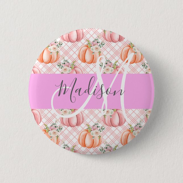 Girl Chic Floral Pink Peach Pumpkin Monogramm Name Button (Vorderseite)