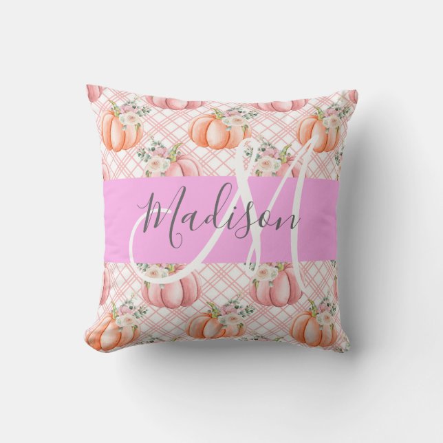 Girl Chic Floral Pink Peach Pumpkin Monogramm Name Kissen (Vorderseite)