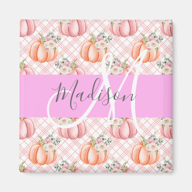 Girl Chic Floral Pink Peach Pumpkin Monogramm Name Magnet (Vorne)