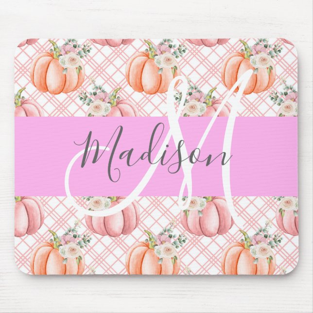 Girl Chic Floral Pink Peach Pumpkin Monogramm Name Mousepad (Vorne)