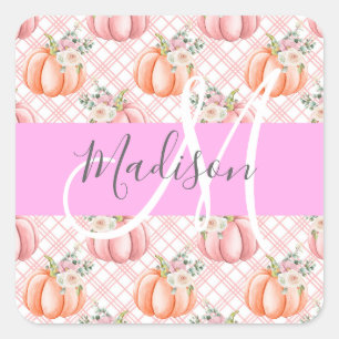 Girl Chic Floral Pink Peach Pumpkin Monogramm Name Quadratischer Aufkleber