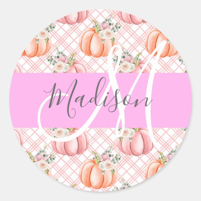 Girl Chic Floral Pink Peach Pumpkin Monogramm Name Runder Aufkleber (Vorderseite)