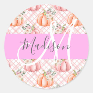 Girl Chic Floral Pink Peach Pumpkin Monogramm Name Runder Aufkleber