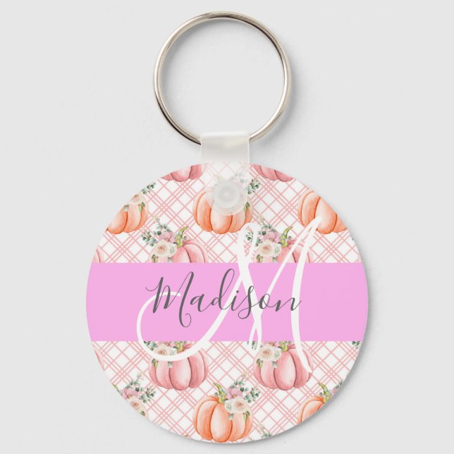 Girl Chic Floral Pink Peach Pumpkin Monogramm Name Schlüsselanhänger (Vorderseite)