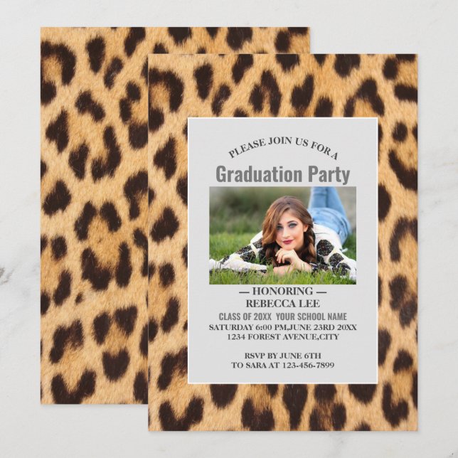 Girl-Chic Leopard Print Graduierungsparty Einladung (Vorne/Hinten)