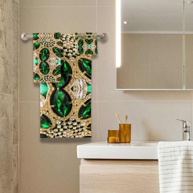 Girl-Chic-Luxus-Goldmedaille smaragdgrüner Kristal Badhandtuch Set (girly chic fashion art deco gold emerald green bath towel set)