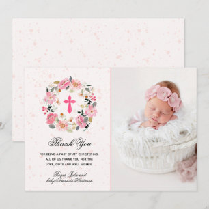 Girl Christening Watercolor Pink Floral Dankeskarte