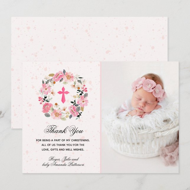 Girl Christening Watercolor Pink Floral Dankeskarte (Vorne/Hinten)