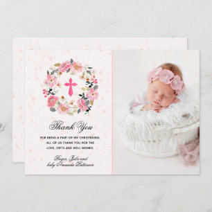 Girl Christening Watercolor Pink Floral Dankeskarte