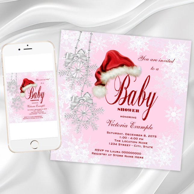 Girl Christmas Baby Dusche Weihnachtsmannmütze Sno Einladung (Pink snowflake Christmas baby shower invitation. Instant download and printed invitations available.)