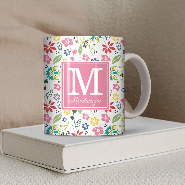 Girl Colorful Bohemisch Spring Flowers Monogram Kaffeetasse (Girly Colorful Bohemian Spring Flowers Monogram Coffee Mug)