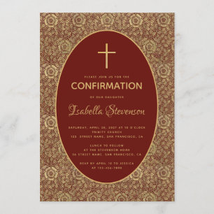 Girl Confirmation Burgundy Gold Rose Elegant Rot Einladung