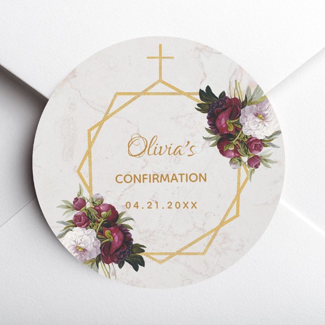 Girl Confirmation Burgundy Red Peonies Marble Gold Runder Aufkleber (Von Creator hochgeladen)