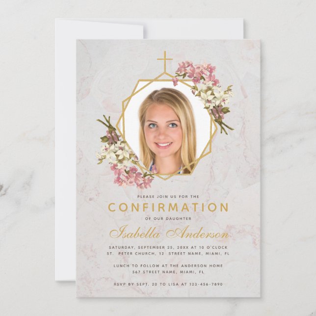 Girl Confirmation Foto Gold Marmor Rosa Orchideen Einladung (Vorderseite)