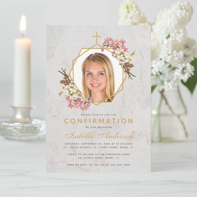 Girl Confirmation Foto Gold Marmor Rosa Orchideen Einladung (Von Creator hochgeladen)