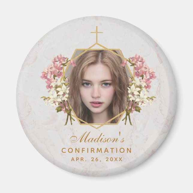 Girl Confirmation Foto Rosa Orchids Blumenmarmor Magnet (Vorne)