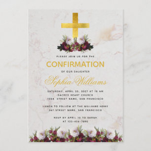 Girl Confirmation Gold Cross Burgundy Peony Marmor Einladung