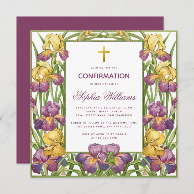 Girl Confirmation Iris Lila Gelbes Kreuz Einladung (Vorne/Hinten)