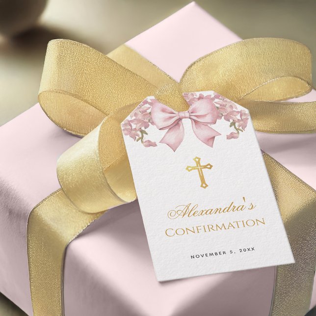 Girl Confirmation Pink Bow Faux Gold Cross Floral Geschenkanhänger (Von Creator hochgeladen)