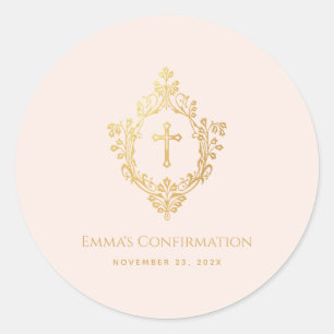 Girl Confirmation Pink Imitate Gold Cross in Wappe Runder Aufkleber