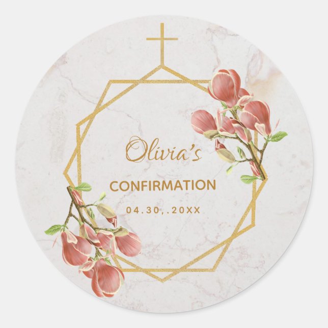 Girl Confirmation Pink Magnolia Gold Cross Marmor Runder Aufkleber (Vorderseite)