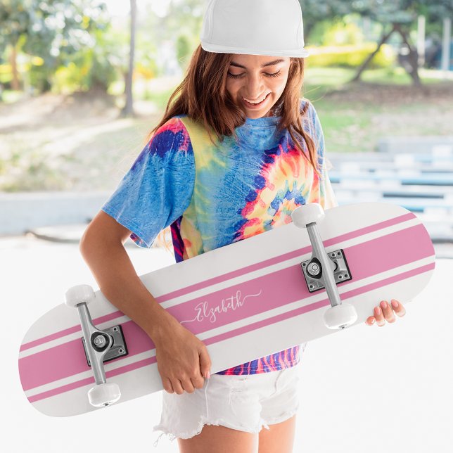 Girl Cool rosa Streifen Mit Monogramm Skateboard (Girly Cool Pink White Racing Stripes Monogrammed Skateboard)