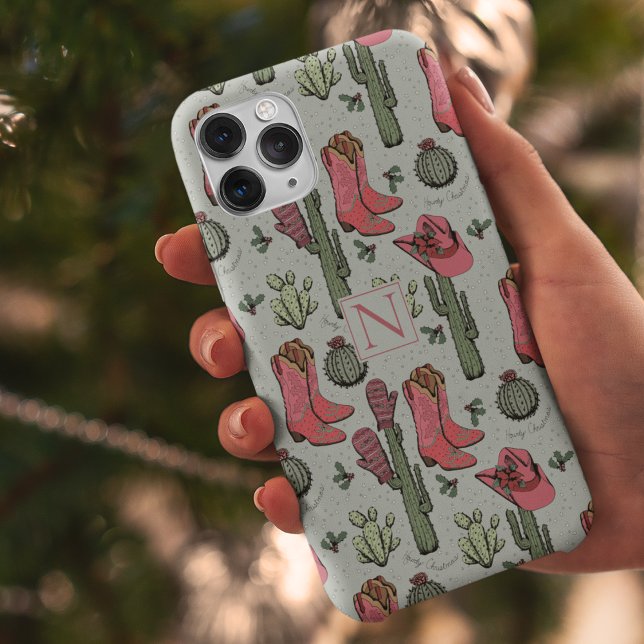 Girl Country Cowgirl Christmas Monogram Case-Mate iPhone Hülle (Custom Green Country Christmas Cowgirl Boots, Hats, Mittens & Cactus. Hand-Drawn in Black Ink.)