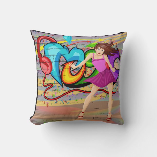 Girl Dancing Music Graffiti Wall Hintergrund 4 Kissen (Vorderseite)