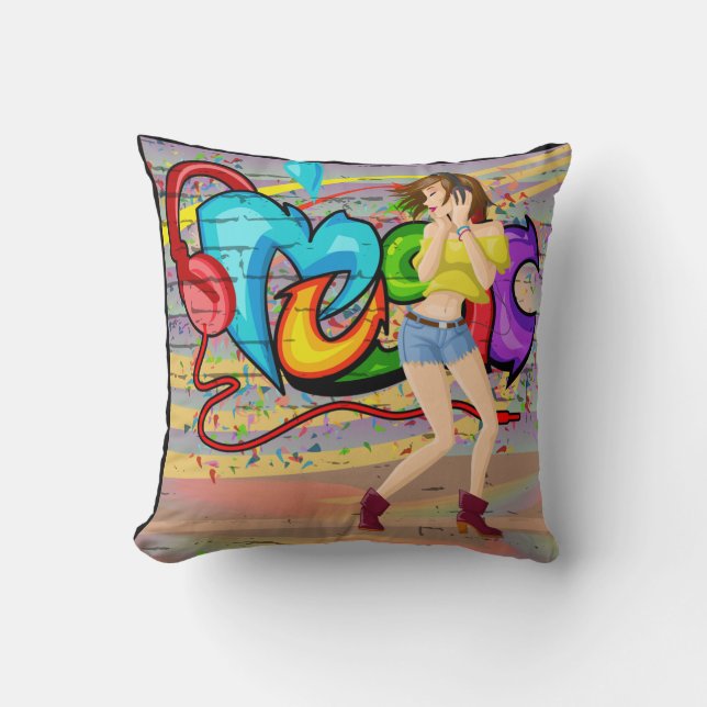 Girl Dancing Music Graffiti Wand Hintergrund Kissen (Vorderseite)