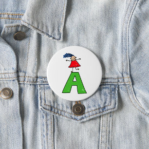 Girl Dancing on Green Letter A Fun Alphabet Button