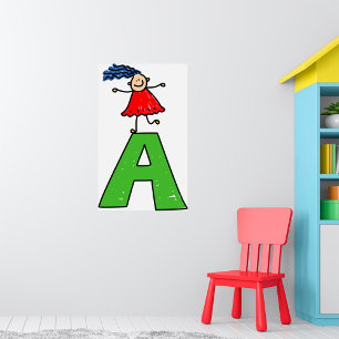 Girl Dancing on Green Letter A Fun Alphabet Poster
